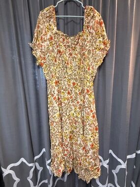 Hayden Brand Yellow and Orange Floral Maxi Dress with sleeves 2X NWT